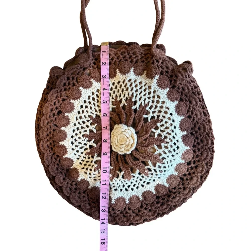 Bebe Crochet Circle Bag Purse Brown Boho Floral Hippie 70s Retro Cottagecore - Picture 3 of 7